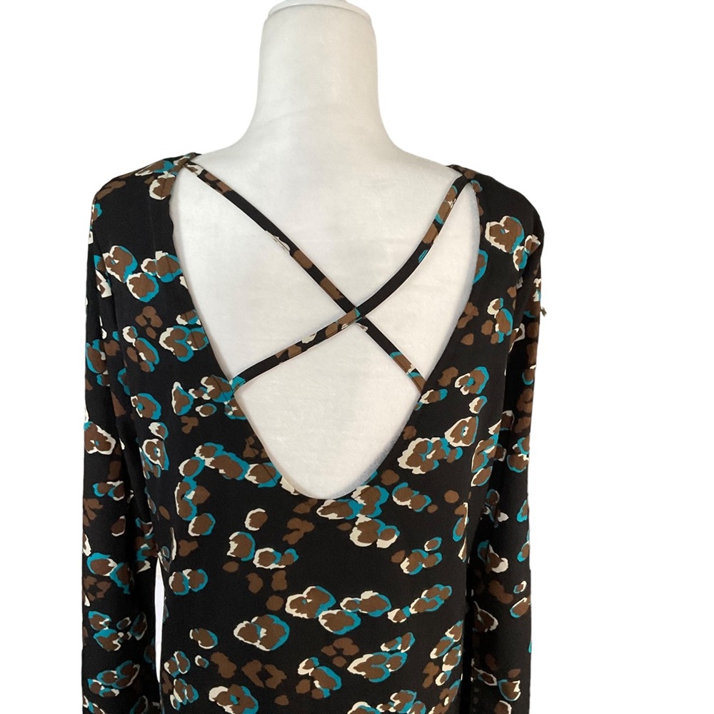Missguided Black Geometric Print Long Bell Sleeve Criss Cross Back Dress Size 8